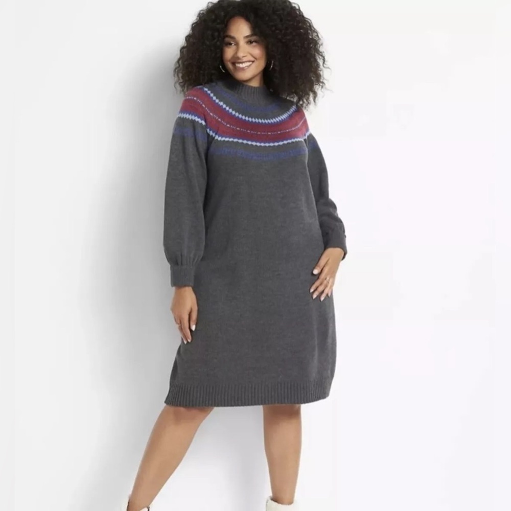 Lane Bryant Charcoal Dress with Burgundy and Indigo Details